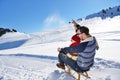 Romantic winter scene, happy young couple having fun on fresh show on winter vacatio, mountain nature landscape Royalty Free Stock Photo