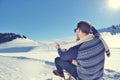 Romantic winter scene, happy young couple having fun on fresh show on winter vacatio, mountain nature landscape Royalty Free Stock Photo