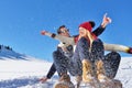 Romantic winter scene, happy young couple having fun on fresh show on winter vacatio, mountain nature landscape