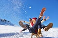 Romantic winter scene, happy young couple having fun on fresh show on winter vacatio, mountain nature landscape