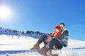 Romantic winter scene, happy young couple having fun on fresh show on winter vacatio, mountain nature landscape Royalty Free Stock Photo