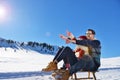 Romantic winter scene, happy young couple having fun on fresh show on winter vacatio, mountain nature landscape Royalty Free Stock Photo