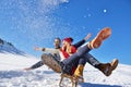 Romantic winter scene, happy young couple having fun on fresh show on winter vacatio, mountain nature landscape Royalty Free Stock Photo