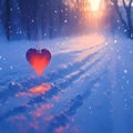 Romantic winter scene Red heart on snowy ground, Valentines concept