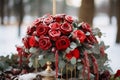 Romantic winter setting Wedding decor enhanced with classic red roses