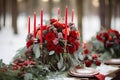 Romantic winter setting Wedding decor enhanced with classic red roses