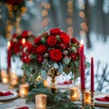 Romantic winter setting Wedding decor enhanced with classic red roses