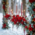 Romantic winter setting Wedding decor enhanced with classic red roses