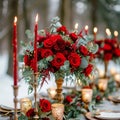 Romantic winter setting Wedding decor enhanced with classic red roses