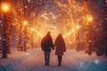 Romantic winter strolls Cozy outfits, hand in hand, under twinkling lights