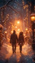 Romantic winter strolls Cozy outfits, hand in hand, under twinkling lights