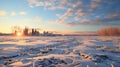 Romantic Winter Sunset Over Frosted Snow Field In Rural Canada