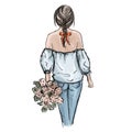 Romantic woman illustration. Hand drawn beautiful young woman holding flower bouquet. Glamour fashion outfit jeans Royalty Free Stock Photo