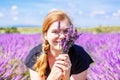 Romantic woman in lavender fields, having vacations in Provence, Royalty Free Stock Photo