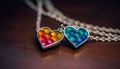 Romantic wood craft Heart shaped necklace, multi colored gemstone, elegant decoration generated by AI