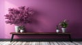 Romantic Wooden Bench With Plants Against A Purple Wall