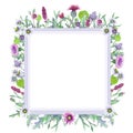 Square flower frame. Romantic wreath. Think happy. Business card templates. Wildflowers in watercolor