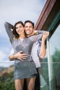 Romantic young couple embracing in balcony Royalty Free Stock Photo