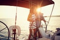 Romantic couple on the luxury boat together enjoy at sunset Royalty Free Stock Photo