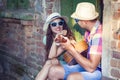 Romantic young couple playing Guitar outdoor Royalty Free Stock Photo