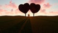 Romantic young couple under heart shaped trees