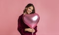 Romantic Young Girl Holding Heart-Shaped Balloon, Celebrating Valentine`s Day Royalty Free Stock Photo