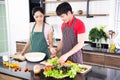 Romantic young lovely couple cooking food in the kitchen