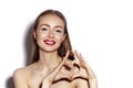 Romantic young Woman making Heart Shape with her Fingers. Love and Valentines Day Symbol. Fashion girl with Happy Smile Royalty Free Stock Photo