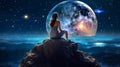 romantic young woman sit on mountains and wath starry sky and sunset ,planet fall ,surrealism fantasy