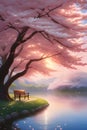 A romantice athmosphere of a serene park, with warm glow of sun, sakura tree, sweet fragrance of the blossoms, wallpaper