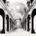 Romanticism Vector: Majestic Architectural Hallway With Flattened Perspective