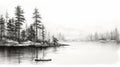 Romanticized Black And White Canoe Sketch By The Lake