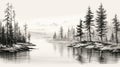 Romanticized Black And White Landscape Sketch With Pine Trees And River