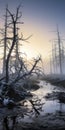 Romanticized Depictions Of Wilderness: A Captivating Image Of A Dead Tree In The Fog