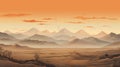 Romanticized Desert Landscape Illustration With Hazy Mountains