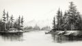 Romanticized Pencil Drawing Of Cabin On Lake: Hazy Landscapes In Ink Wash Style