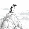 Romanticized Penguin Sketch On Rocky Mountain