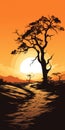Romanticized Silhouette Of Acacia Tree With Sunset Vector Royalty Free Stock Photo