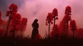 Romanticized Silhouette: A Woman Amidst Red Flowers In The Mist Royalty Free Stock Photo