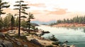 Romanticized Wilderness: A Digital Painting Of Pine Trees Along Water