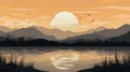 Romanticized Wilderness: Sunset Lake With Mountains And Birds - Vector Illustration Royalty Free Stock Photo