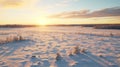 Romanticized Winter Sunset Over Snowy Field In Rural Finland