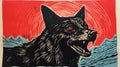Romanticized Woodcut Of A Black Dog With Red Eyes On Red Background Royalty Free Stock Photo