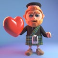 Romatic 3d Scottish man in tartan kilt with sporran holding a red heart, 3d illustration Royalty Free Stock Photo