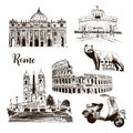 Rome architectural symbols: Coliseum, St. Peter Cathedral, wolf, romulus, scooter etc drawn vector sketch illustration.