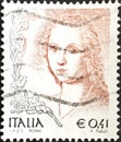 Italian postage stamp showing the portrait of a woman by Raffaello Sanzio