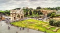 Rome cityscape, urban landscape with tourist attractions Arch of Constantine and Palatine Hill, panoramic view from Colosseum