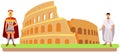 Rome coliseum, ancient inhabitants stand near antique building vector catroon illustration