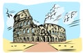 Rome coliseum hand drawn on sky background icon
