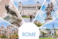 Photo collage/set of sunny Rome - Roman Forum, statue on bridge of Saint Angel, Piazza Venezia main attractions of Roma, Italy. Royalty Free Stock Photo